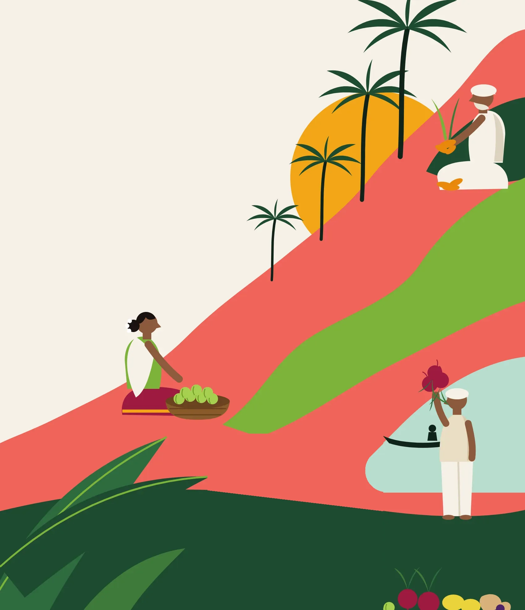 Illustration: farmers harvesting haldi, amla and beetroot on red-earth hills under palm trees, beside a lake with a boat.